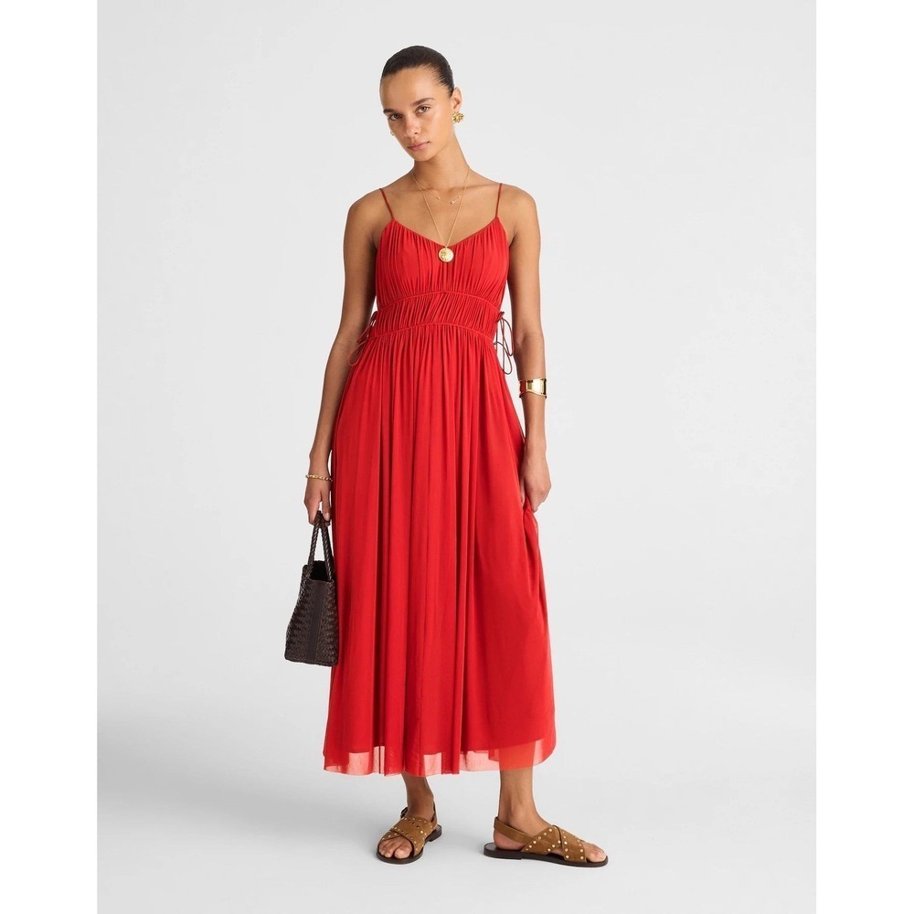 Madewell Gathered V-Neck Midi Dress Cherry Red Sz XS Boho Quiet Luxury